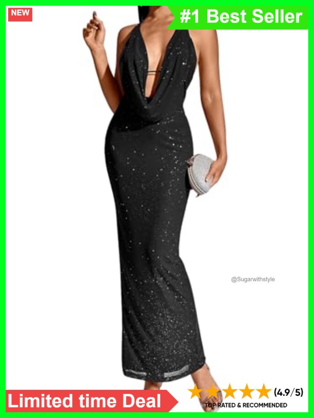 KUTUMAI Women's V-Neck Sequin Bodycon Maxi Dress Formal Evening Party Gown